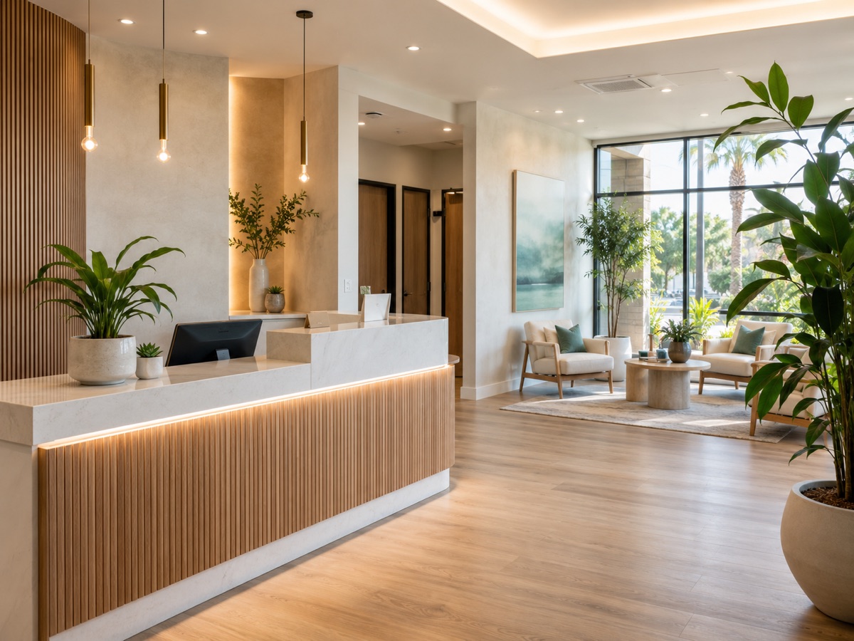 Recepción moderna de la clínica con madera cálida y luz natural