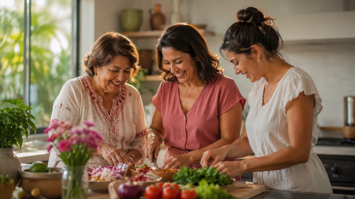 Una familia preparando juntos una comida fresca y saludable en una cocina soleada