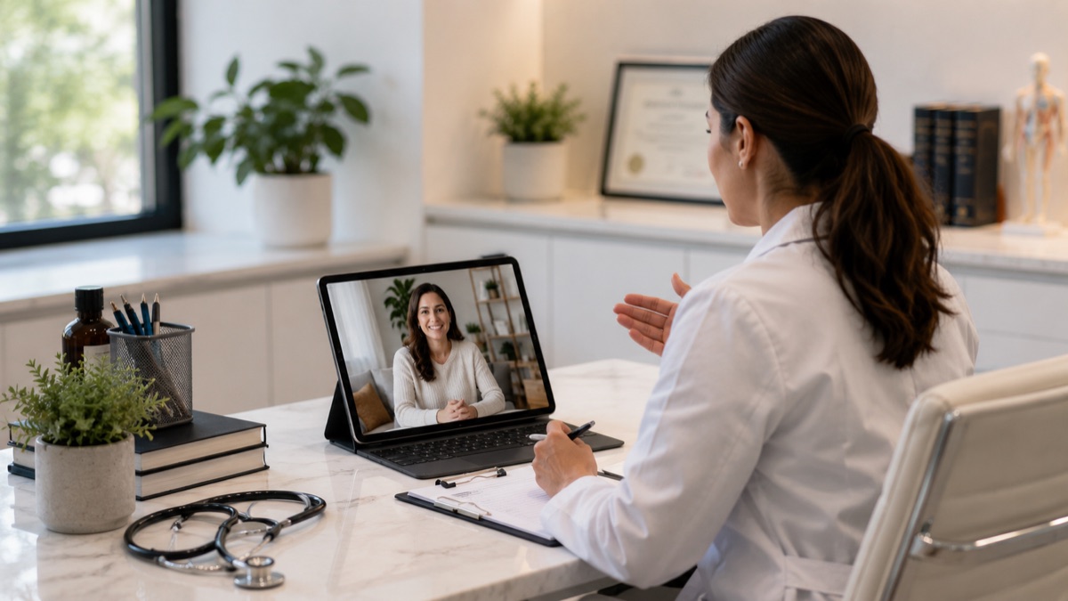 Una consulta de telemedicina por video en una oficina moderna y tranquila