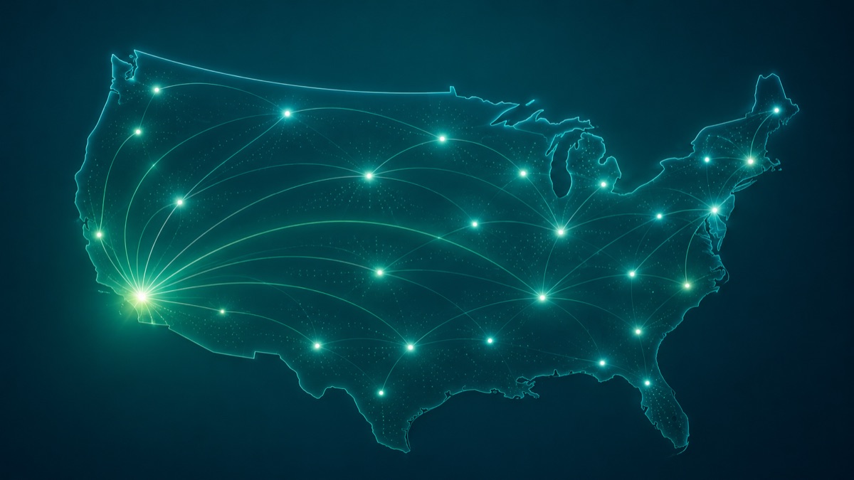 Un mapa estilizado de Estados Unidos que muestra conexión según la ubicación