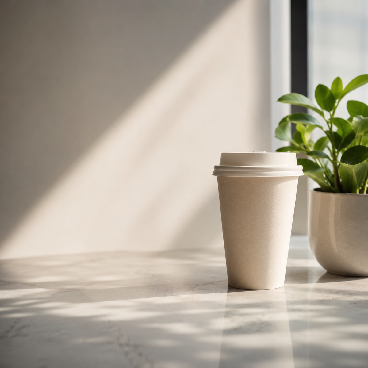 Una taza de café junto a una pequeña planta bajo luz suave de la mañana